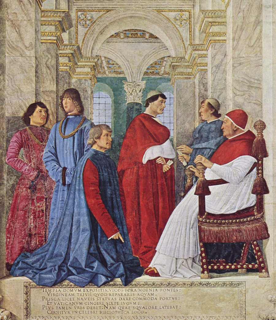 portrait of Pope Sixtus IV with his nephews and courtiers. Girolamo Riario is the second figure from the left